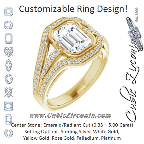 Cubic Zirconia Engagement Ring- The Paola (Customizable Cathedral-Bezel Emerald Cut Design with Wide Triple-Split-Pavé Band)