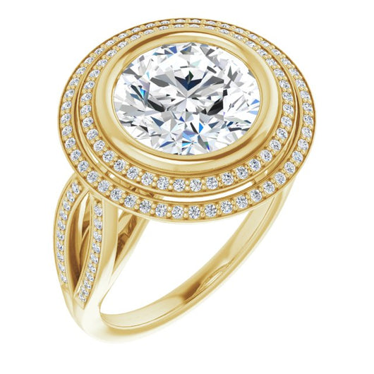 10K Yellow Gold Customizable Bezel-set Round Cut Style with Double Halo and Split Shared Prong Band