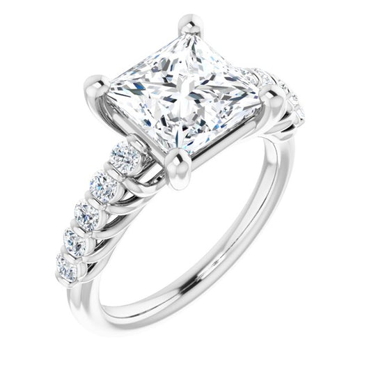 10K White Gold Customizable Princess/Square Cut Style with Round Bar-set Accents