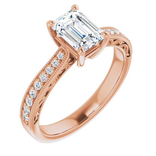 10K Rose Gold Customizable Emerald/Radiant Cut Design with Round Band Accents and Three-sided Filigree Engraving