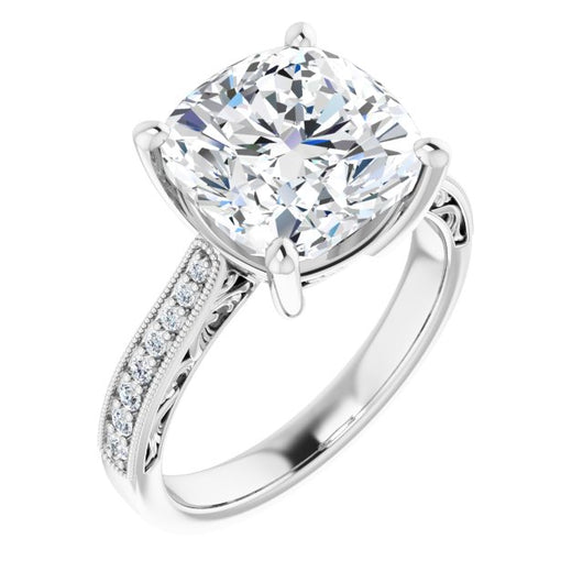 10K White Gold Customizable Cushion Cut Design with Round Band Accents and Three-sided Filigree Engraving