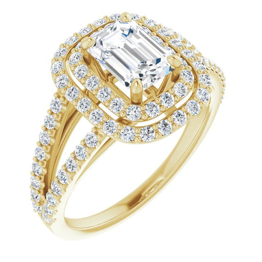 10K Yellow Gold Customizable Emerald/Radiant Cut Design with Double Halo and Wide Split-Pavé Band