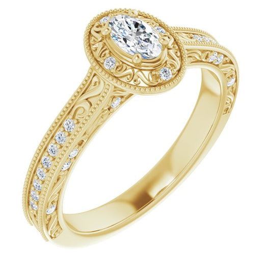 10K Yellow Gold Customizable Vintage Artisan Oval Cut Design with 3-Sided Filigree and Side Inlay Accent Enhancements