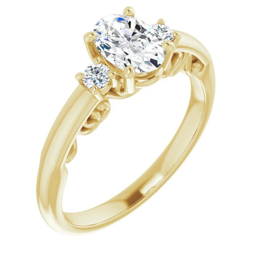 10K Yellow Gold Customizable Oval Cut 3-stone Style featuring Heart-Motif Band Enhancement