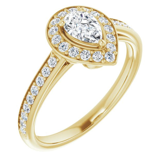 10K Yellow Gold Customizable Cathedral-raised Pear Cut Halo-and-Accented Band Design