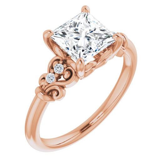 10K Rose Gold Customizable Vintage 5-stone Design with Princess/Square Cut Center and Artistic Band Décor