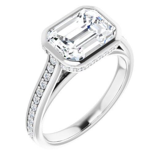 10K White Gold Customizable Cathedral-Bezel Emerald/Radiant Cut Design with Under Halo and Shared Prong Band