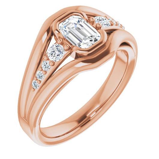 10K Rose Gold Customizable 9-stone Emerald/Radiant Cut Design with Bezel Center, Wide Band and Round Prong Side Stones