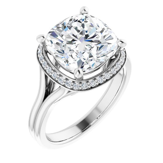 10K White Gold Customizable Cathedral-set Cushion Cut Design with Split-band & Halo Accents