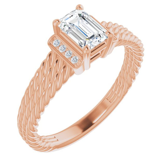 10K Rose Gold Customizable 11-stone Design featuring Emerald/Radiant Cut Center, Vertical Round-Channel Accents & Wide Triple-Rope Band