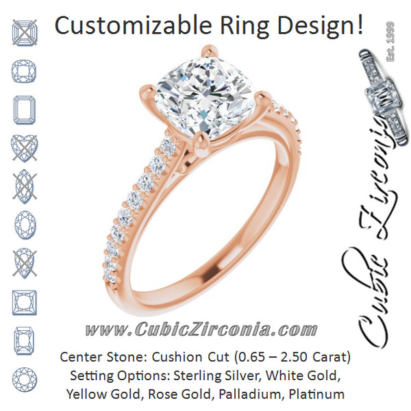 Cubic Zirconia Engagement Ring- The Diane (Customizable Cathedral-raised Cushion Cut Design with Accented Band and Infinity Symbol Trellis Decoration)