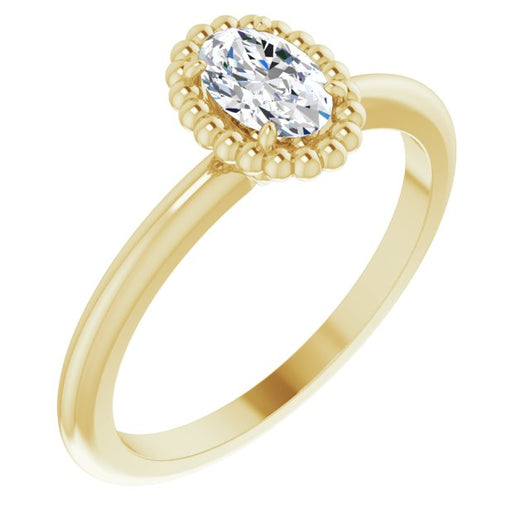 10K Yellow Gold Customizable Oval Cut Solitaire with Beaded Metallic Milgrain