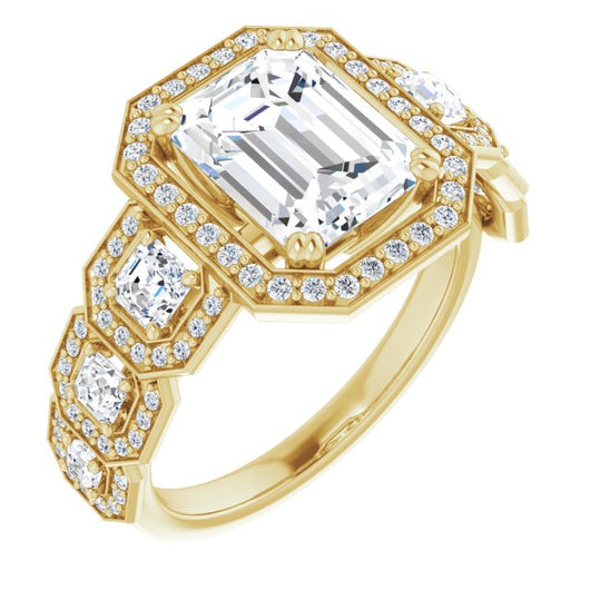 10K Yellow Gold Customizable Cathedral-Halo Emerald/Radiant Cut Design with Six Halo-surrounded Asscher Cut Accents and Ultra-wide Band