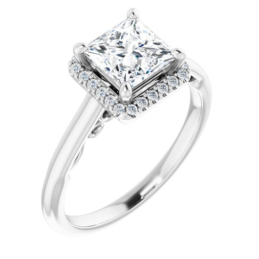 10K White Gold Customizable Cathedral-Halo Princess/Square Cut Style featuring Sculptural Trellis