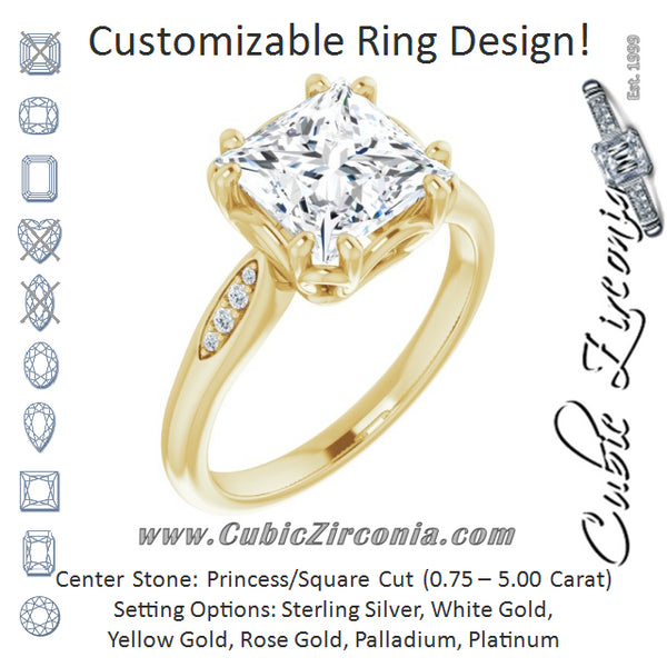 Cubic Zirconia Engagement Ring- The Sandhya (Customizable 9-stone Princess/Square Cut Design with 8-prong Decorative Basket & Round Cut Side Stones)