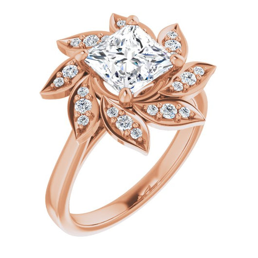 10K Rose Gold Customizable Princess/Square Cut Design with Artisan Floral Halo