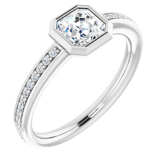 10K White Gold Customizable Bezel-Set Asscher Cut Center with Thin Shared Prong Band