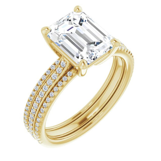 10K Yellow Gold Customizable Emerald/Radiant Cut Center with Wide Pavé Accented Band