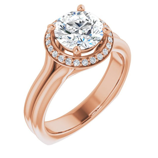 10K Rose Gold Customizable Round Cut Style with Halo, Wide Split Band and Euro Shank