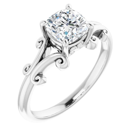 10K White Gold Customizable Cushion Cut Solitaire with Band Flourish and Decorative Trellis