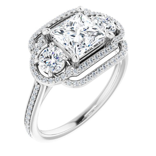 10K White Gold Customizable Enhanced 3-stone Double-Halo Style with Princess/Square Cut Center and Thin Band