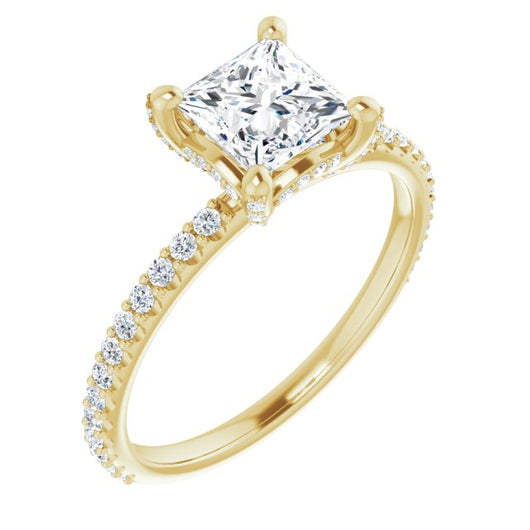 10K Yellow Gold Customizable Princess/Square Cut Design with Round-Accented Band, Micropav? Under-Halo and Decorative Prong Accents)