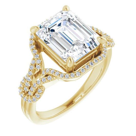 10K Yellow Gold Customizable Emerald/Radiant Cut Design with Intricate Over-Under-Around Pavé Accented Band