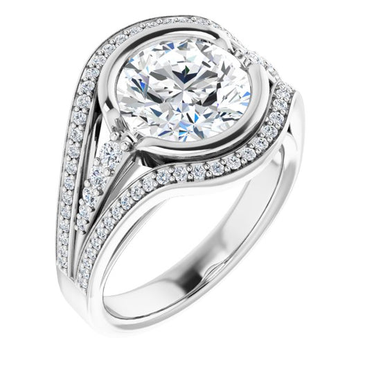 Platinum Customizable Cathedral-Bezel Round Cut Design with Wide Triple-Split-Pavé Band