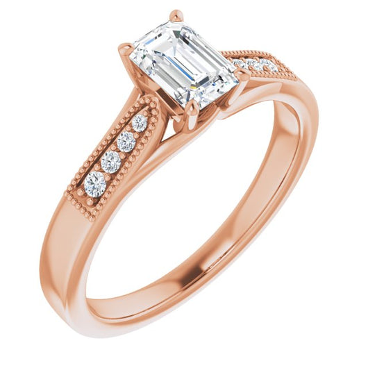 10K Rose Gold Customizable 9-stone Vintage Design with Emerald/Radiant Cut Center and Round Band Accents