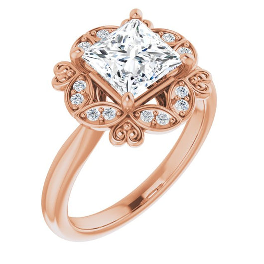 18K Rose Gold Customizable Princess/Square Cut Design with Floral Segmented Halo & Sculptural Basket