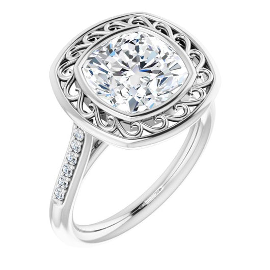 10K White Gold Customizable Cathedral-Bezel Cushion Cut Design with Floral Filigree and Thin Shared Prong Band