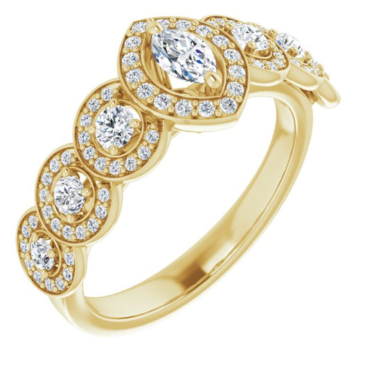 10K Yellow Gold Customizable Cathedral-set Marquise Cut 7-stone style Enhanced with 7 Halos