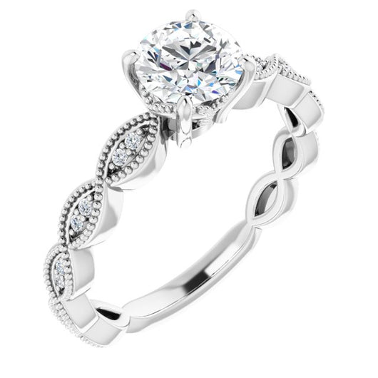 10K White Gold Customizable Round Cut Artisan Design with Scalloped, Round-Accented Band and Milgrain Detail