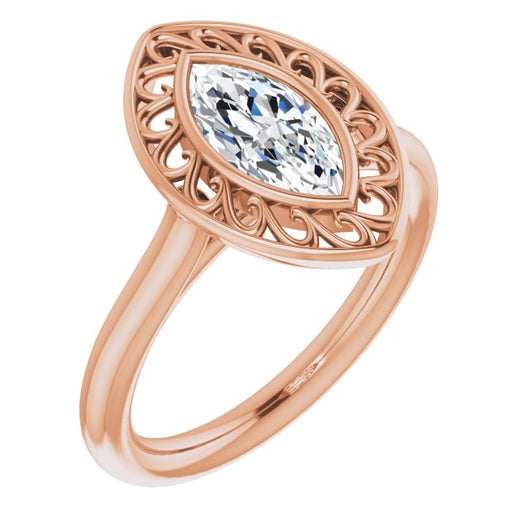 10K Rose Gold Customizable Cathedral-Bezel Style Marquise Cut Solitaire with Flowery Filigree