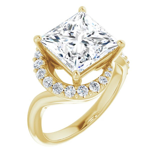 10K Yellow Gold Customizable Princess/Square Cut Design with Swooping Pavé Bypass Band