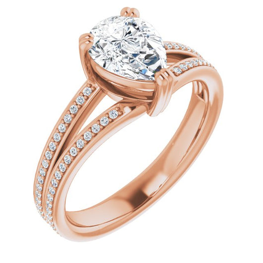 10K Rose Gold Customizable Pear Cut Center with 100-stone* "Waterfall" Pavé Split Band