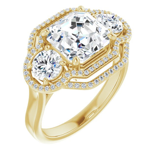 10K Yellow Gold Customizable Cathedral-set Enhanced 3-stone Asscher Cut Design with Multidirectional Halo