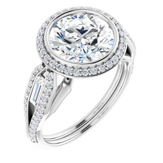 10K White Gold Customizable Cathedral-Bezel Round Cut Design with Halo, Split-Pavé Band & Channel Baguettes