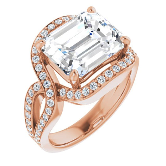 10K Rose Gold Customizable Emerald/Radiant Cut Center with Infinity-inspired Split Shared Prong Band and Bypass Halo