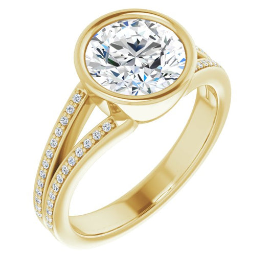 14K Yellow Gold Customizable Bezel-set Round Cut Design with Split Shared Prong Band