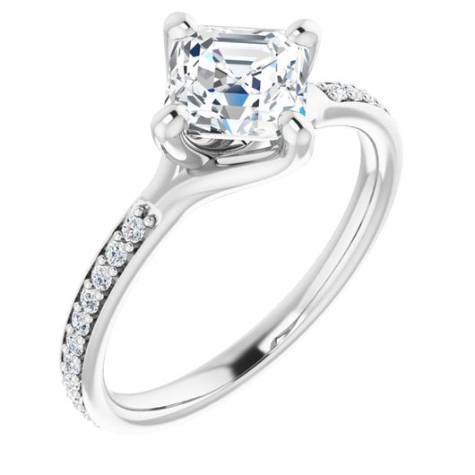 10K White Gold Customizable Asscher Cut Design featuring Thin Band and Shared-Prong Round Accents