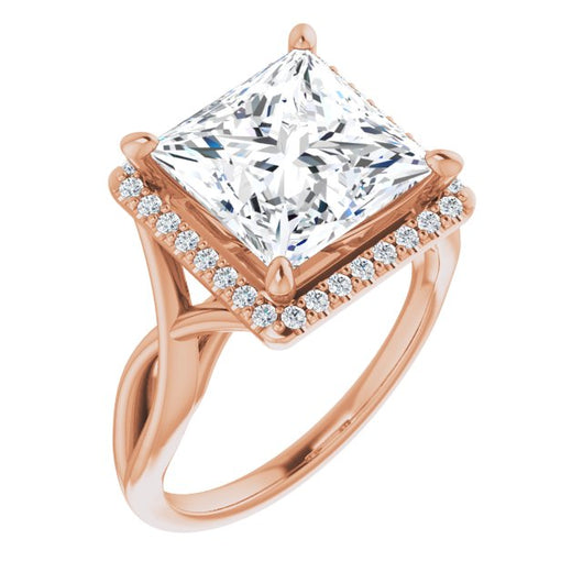 10K Rose Gold Customizable Cathedral-Halo Princess/Square Cut Design with Twisting Split Band