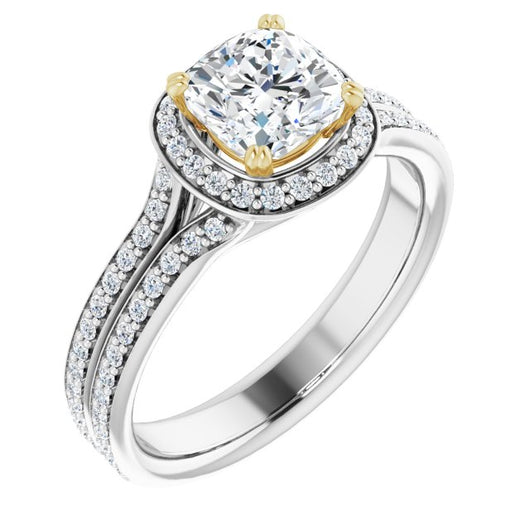 14K White & Yellow Gold Customizable Cathedral-set Cushion Cut Style with Split-Pav? Band