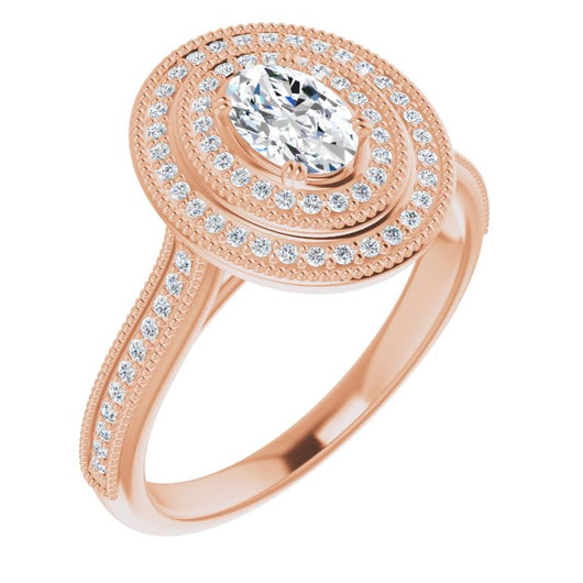 10K Rose Gold Customizable Oval Cut Design with Elegant Double Halo, Houndstooth Milgrain and Band-Channel Accents