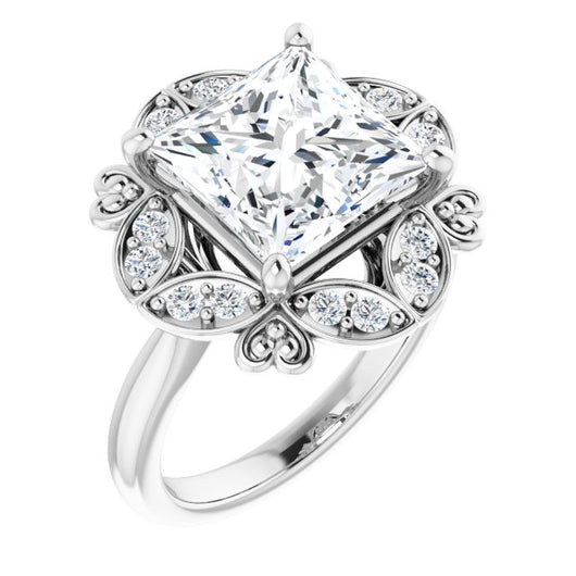 10K White Gold Customizable Princess/Square Cut Design with Floral Segmented Halo & Sculptural Basket