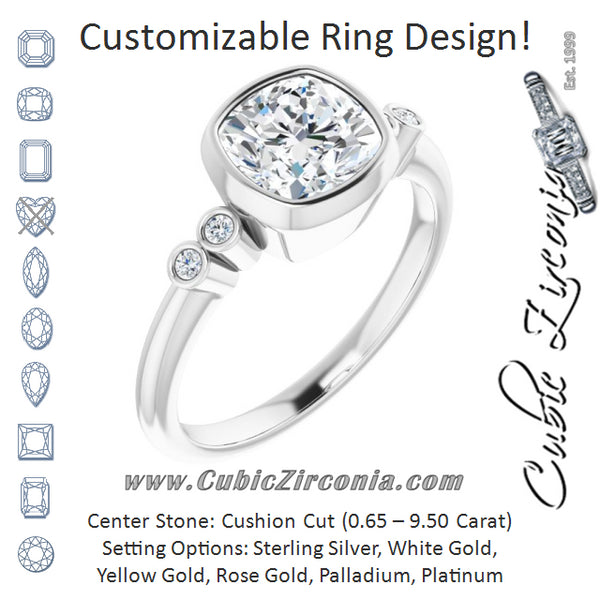 Cubic Zirconia Engagement Ring- The Mandira (Customizable 5-stone Bezel-set Cushion Cut Design with Quad Round-Bezel Side Stones)