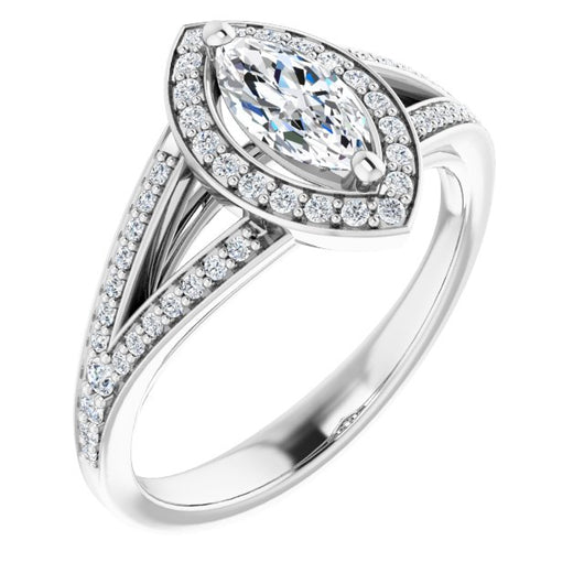 10K White Gold Customizable Cathedral-Halo Marquise Cut Style featuring Split-Shared Prong Band