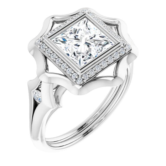 10K White Gold Customizable Bezel-set Princess/Square Cut with Halo & Oversized Floral Design