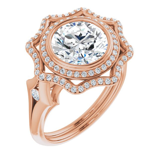 10K Rose Gold Customizable Cathedral-bezel Round Cut Design with Floral Double Halo and Channel-Accented Split Band