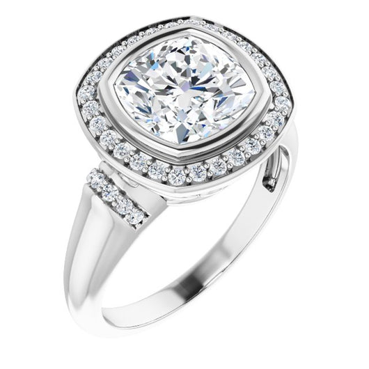 10K White Gold Customizable Bezel-set Cushion Cut Design with Halo and Vertical Round Channel Accents